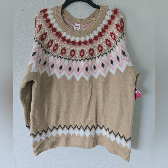 Holiday Time Sweater Women 2X Plus Long Sleeve Grannycore Tan Red Fair Isle New - Picture 6 of 15